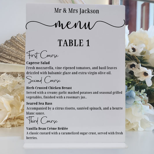 Personalised Acrylic Menu Sign – Wedding Reception Table Menu