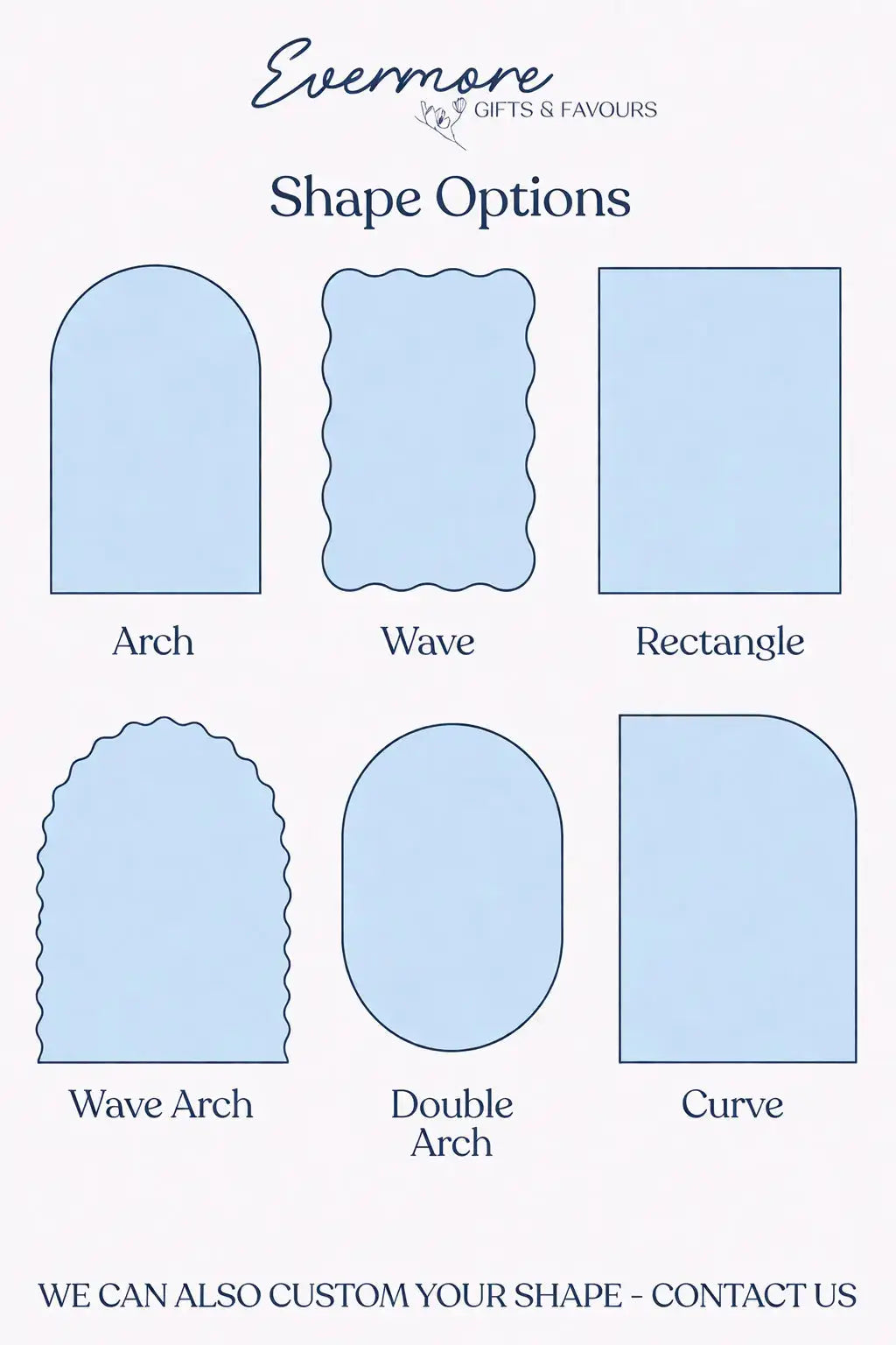 Acrylic shapes chart showing arch, round, wave edge and custom shapes for wedding signage, cake toppers and personalised products