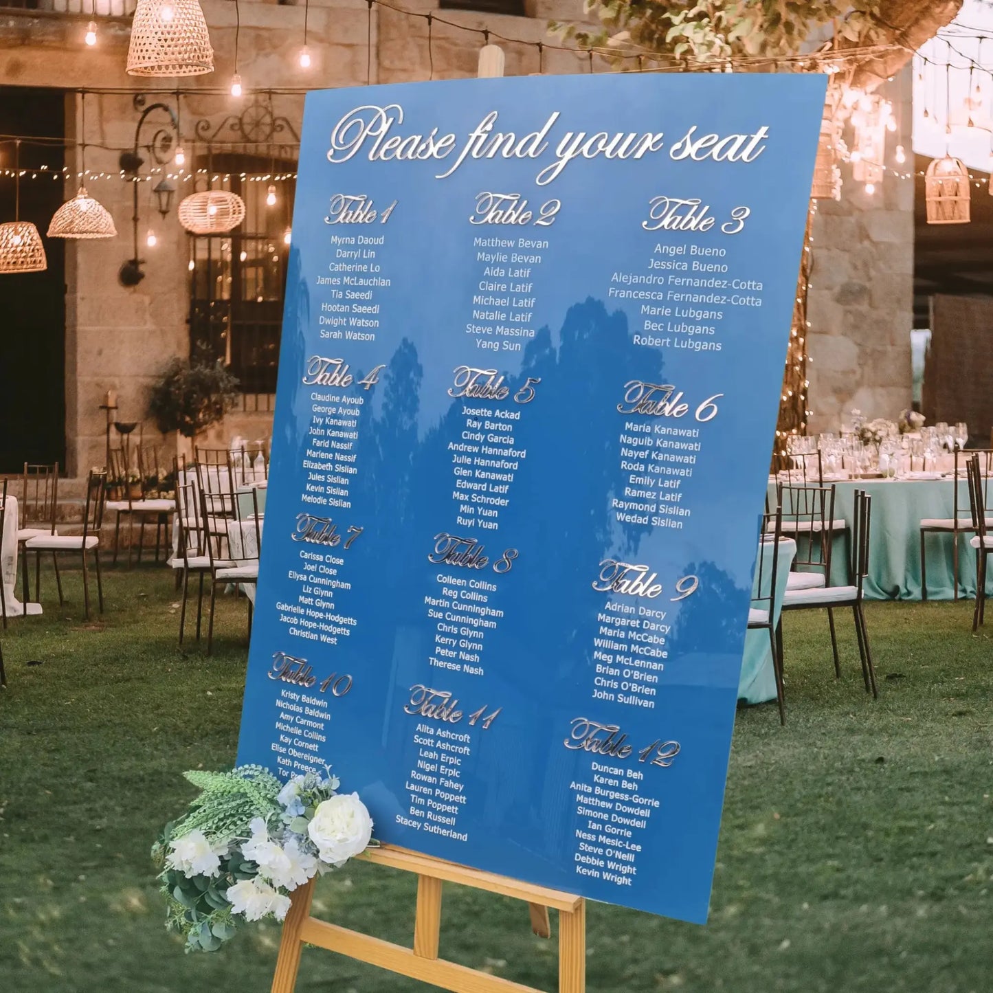 Navy Blue and rose gold mirror wedding seating chart front