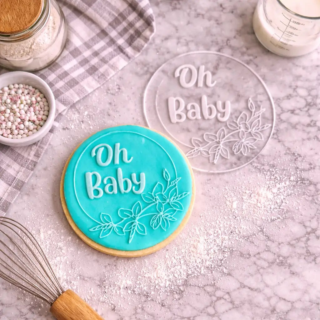 Oh Baby Fondant Debosser Floral Design 80mm | Baby Shower Cookie Stamp Evermore Gifts & Favours