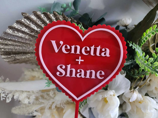 red and pink personalised cake topper wedding