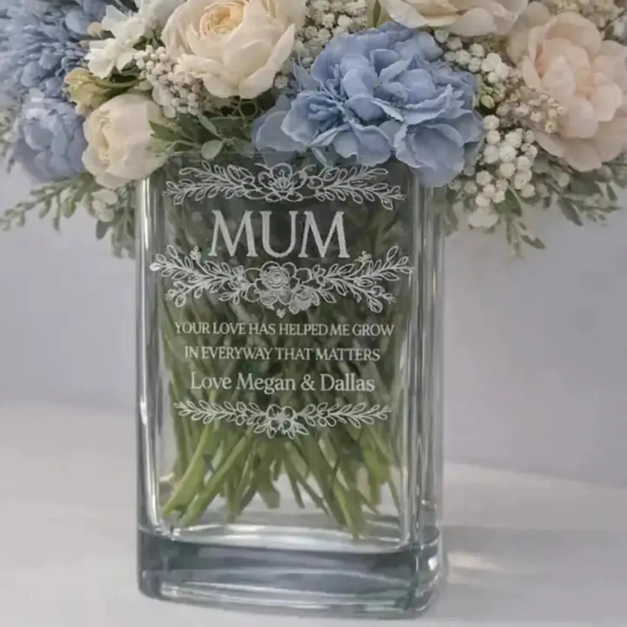 Personalised Mother’s Day glass vase laser etched with custom design for Mum