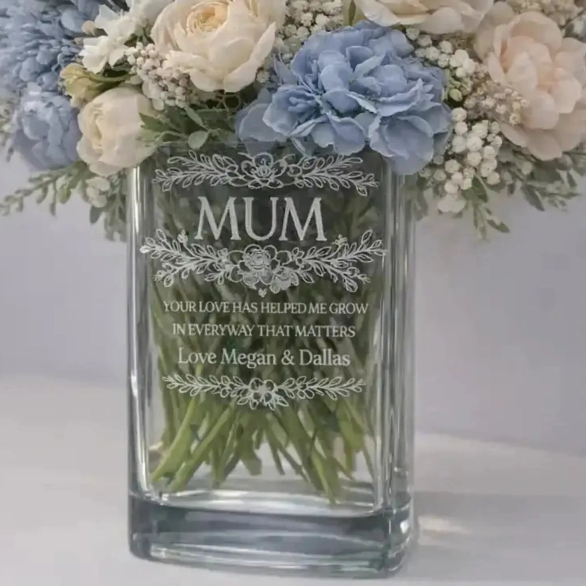 Personalised Mother’s Day glass vase laser etched with custom design for Mum