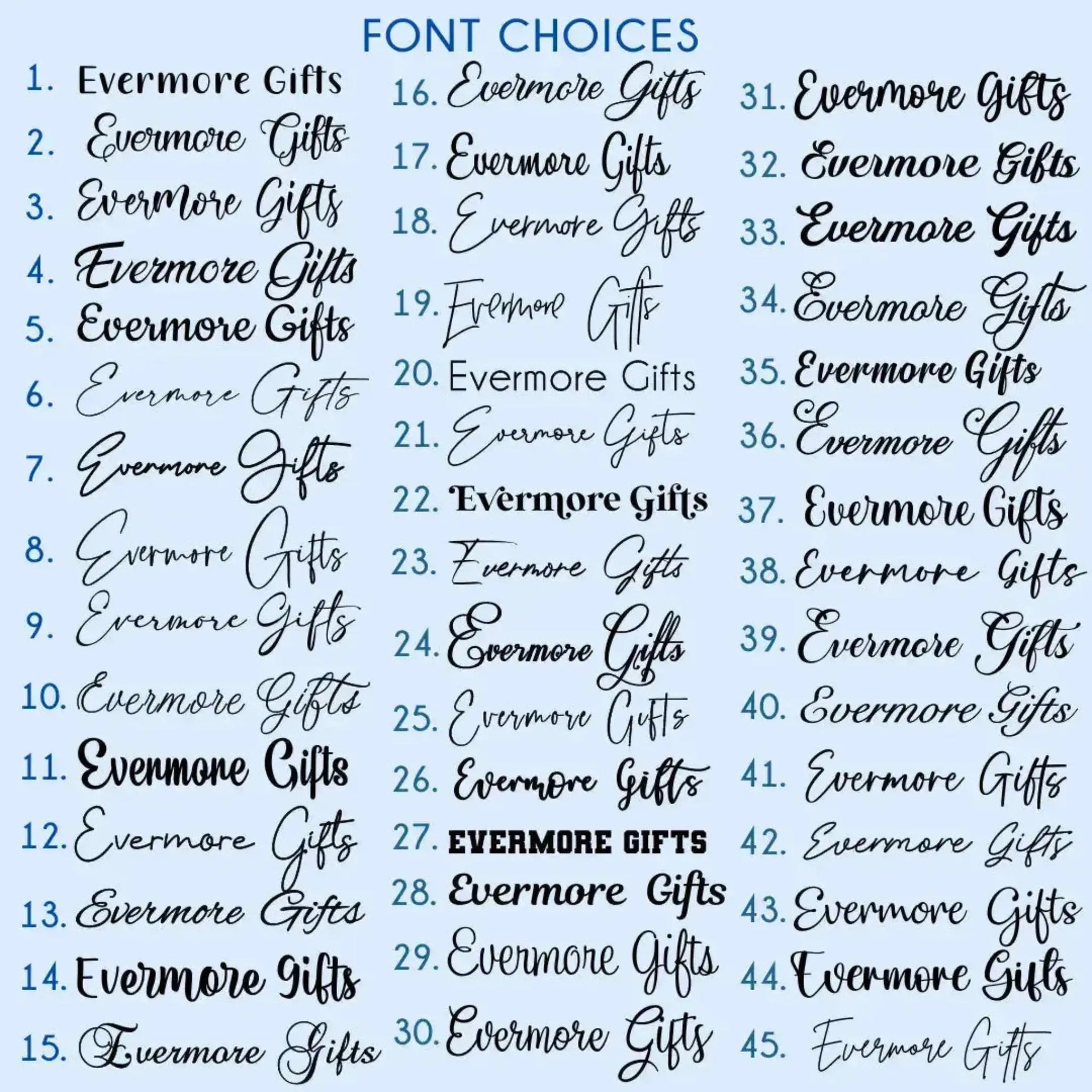Font selection chart showing a range of personalised script, modern, bold and handwritten fonts available for custom acrylic signs, cake toppers and personalised gifts