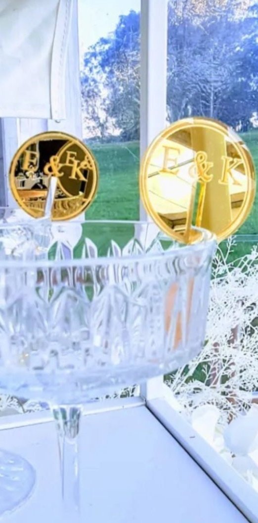 Personalised Engagement Drink Toppers – Elegant Laser Engraved Acrylic Glass Discs