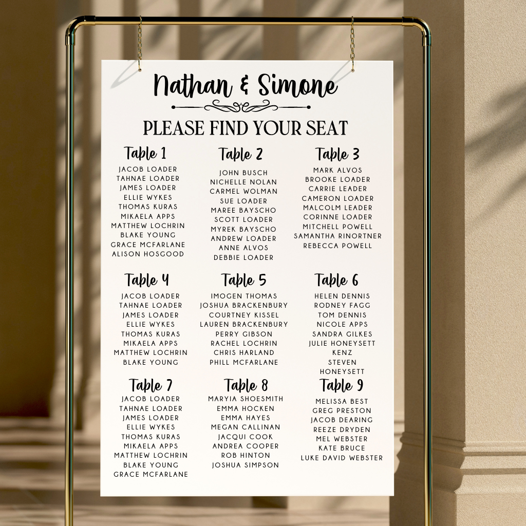 Wedding Seating Chart – Custom Fonts and Colours