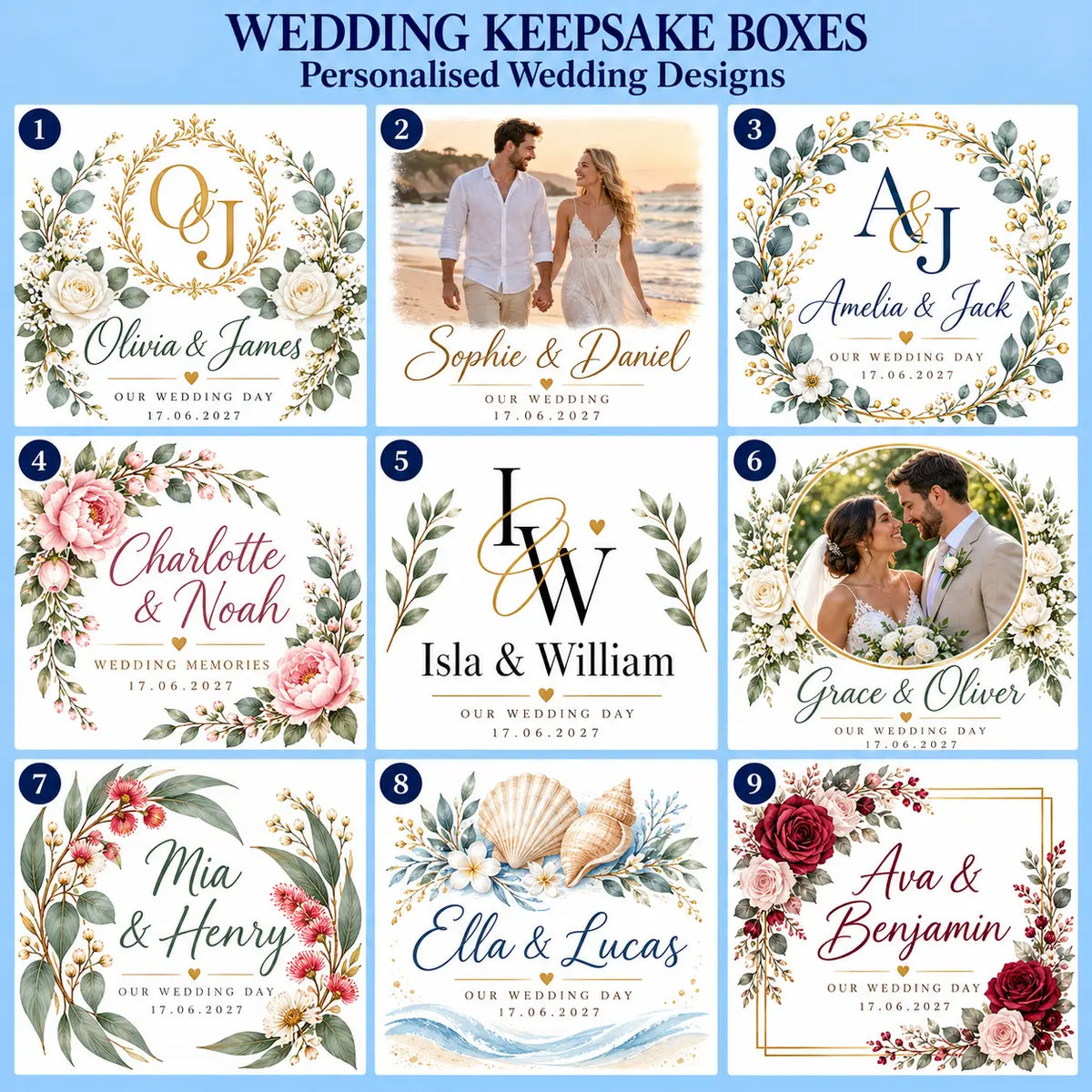 Wedding keepsake box designs 1–9