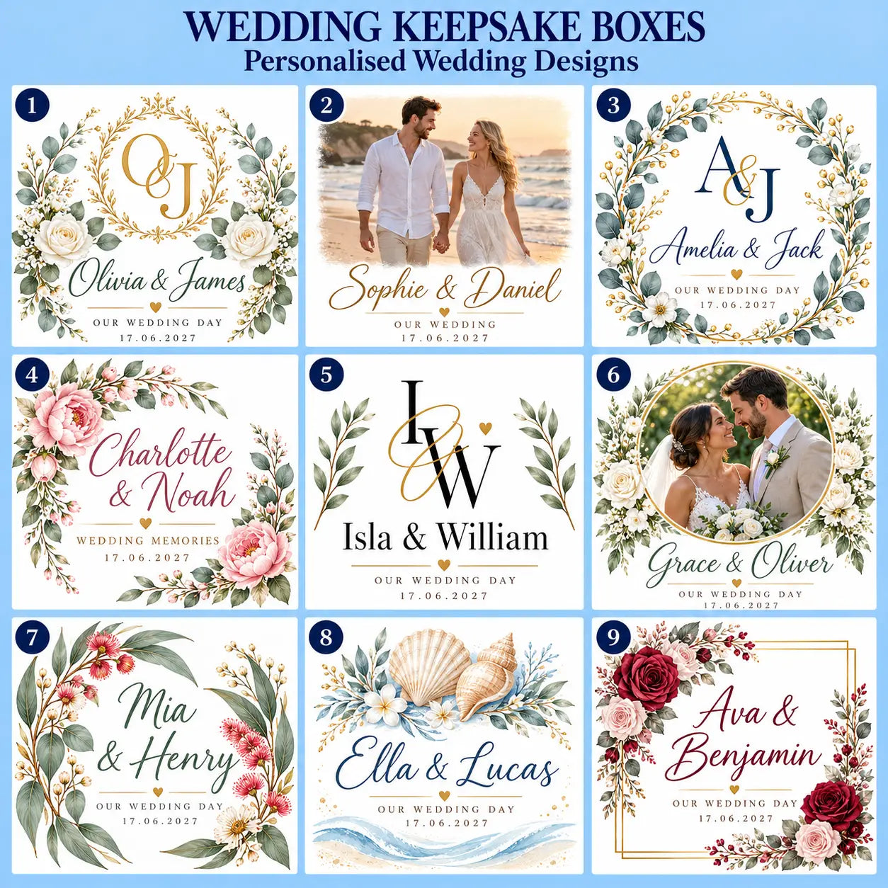 Wedding keepsake box designs 1–9