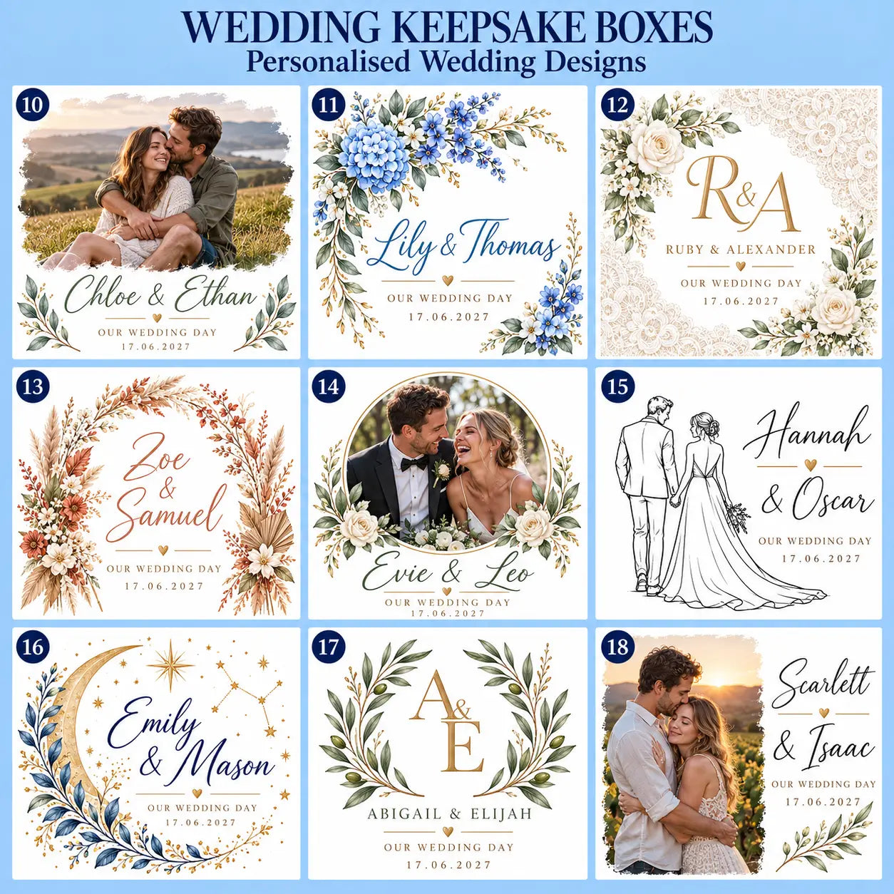 Wedding keepsake box designs 10–18