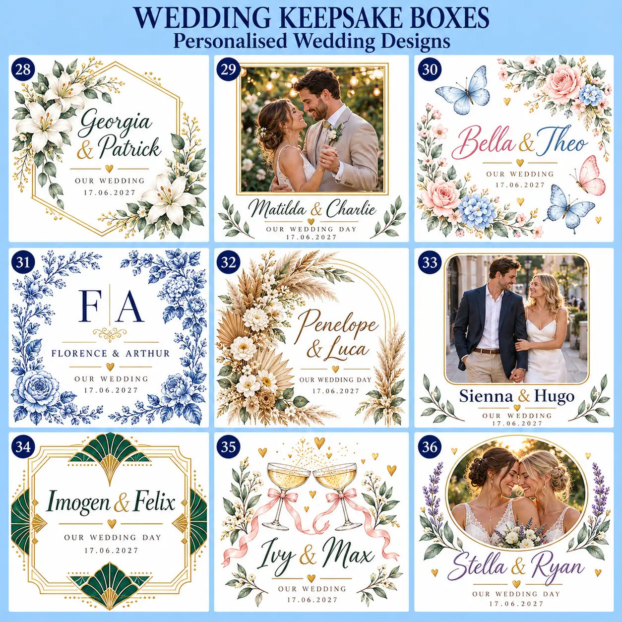 Wedding keepsake box designs 28–36