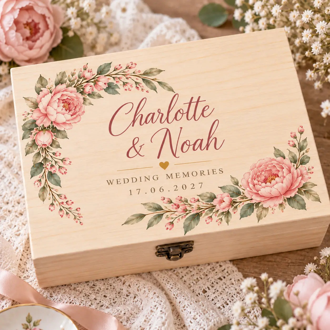 Blush Peony Wedding Keepsake Box | Custom Wooden Gift