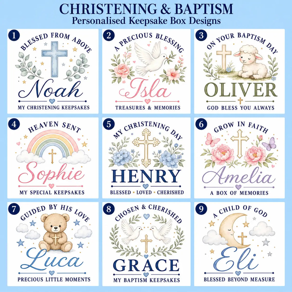 Christening and baptism keepsake box designs 1–9