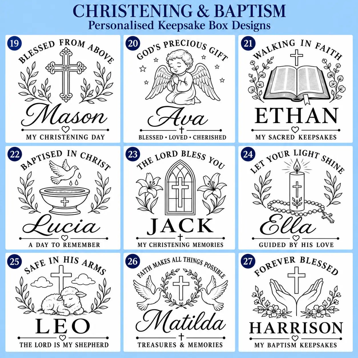 Christening and baptism keepsake box designs 19–27