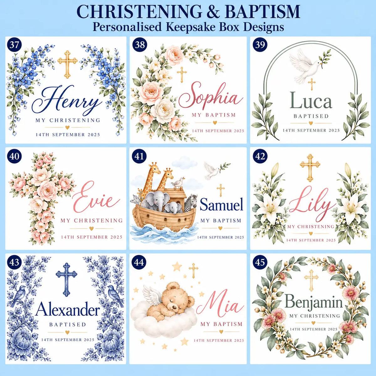 Christening and baptism keepsake box designs 37–45