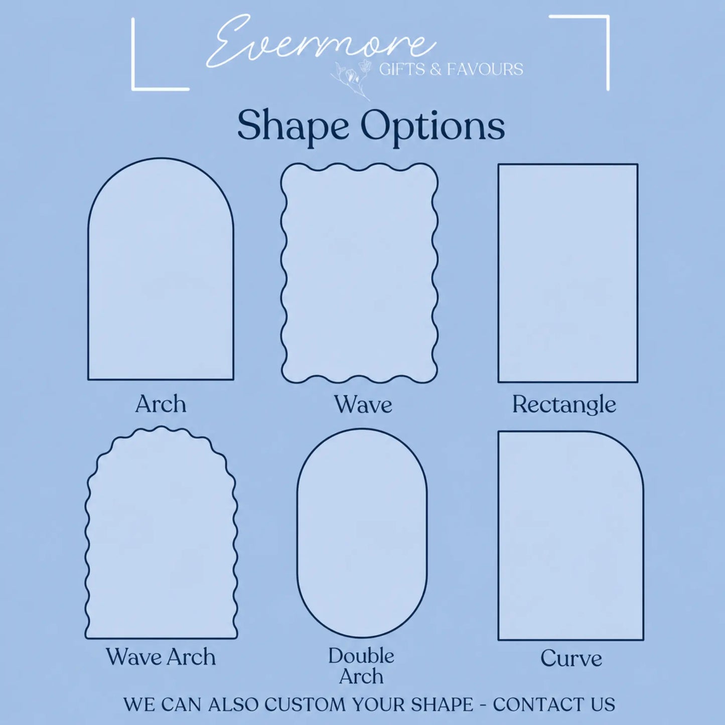 Custom acrylic sign shape guide featuring arch, wave, rectangle and modern shape options for personalised signage and event decor.