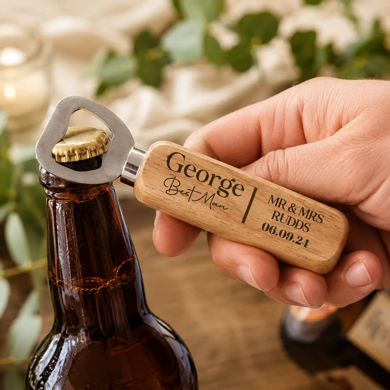 Custom Wooden Bottle Opener – Personalised Timber Bar Accessory Evermore Gifts & Favours