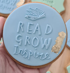 Read Grow Inspire Fondant Debosser – Custom Cookie Stamp for Teachers, Classrooms, and Learning Celebrations