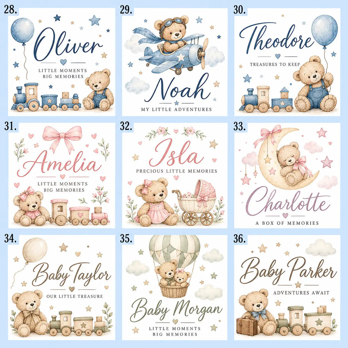 Personalised baby keepsake box designs 28–36