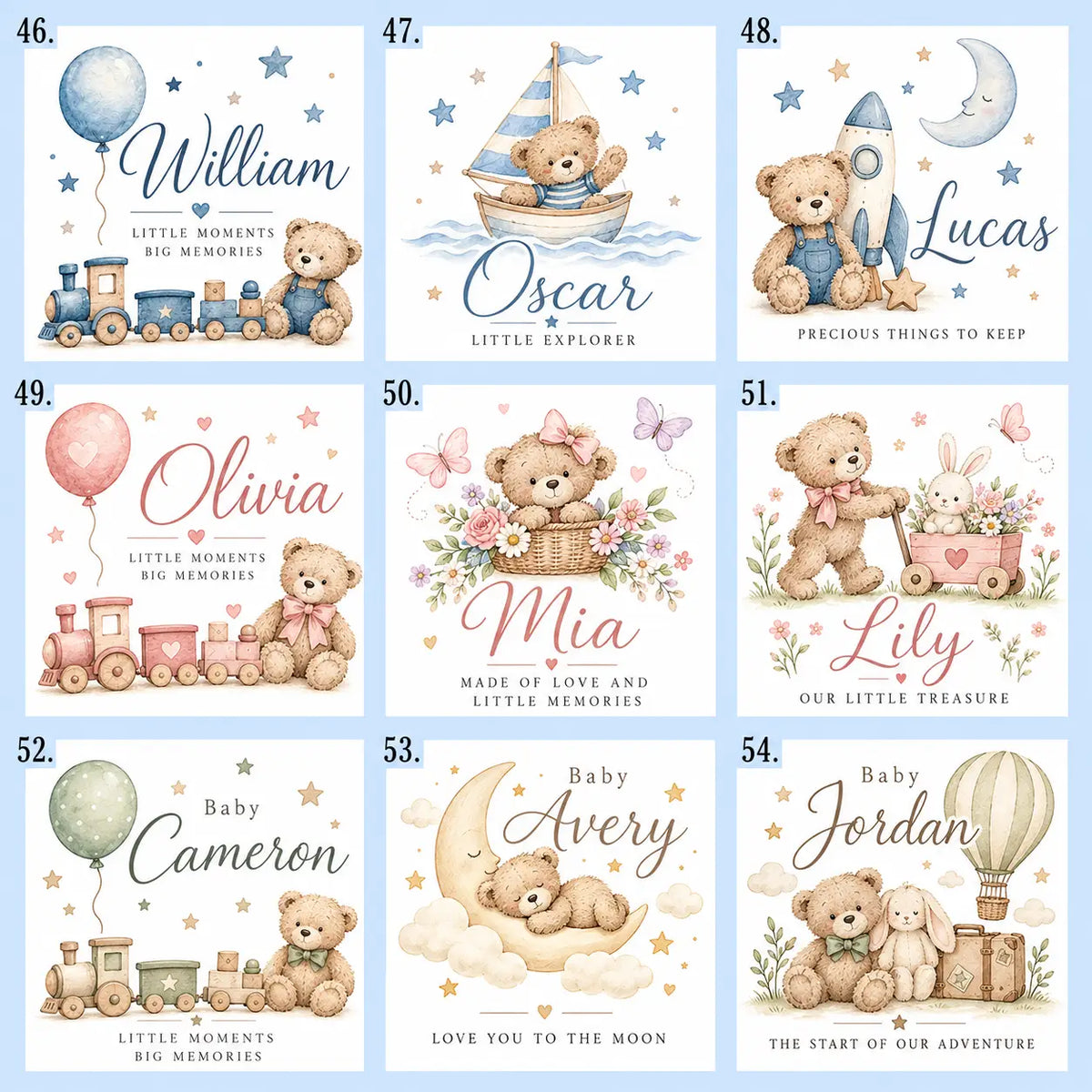 Personalised baby keepsake box designs 46–54