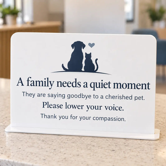A family needs a quiet moment veterinary waiting room sign, white acrylic landscape rounded rectangle with navy dog and cat silhouettes, with flat 3mm white acrylic base