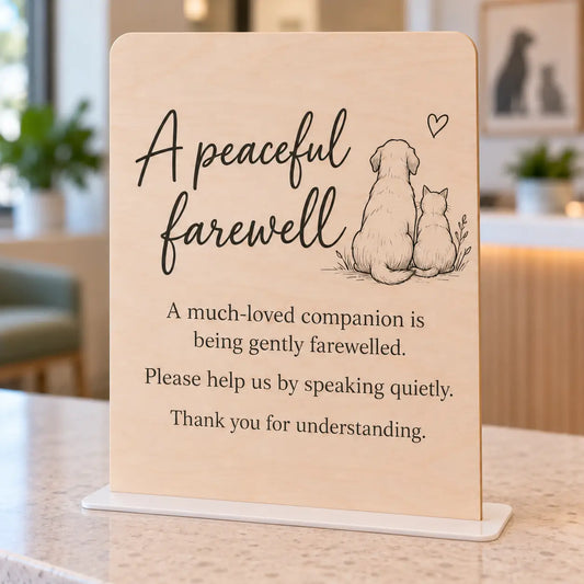 A peaceful farewell veterinary waiting room sign, light plywood rounded rectangle with printed dog and cat line artwork, with flat 3mm white acrylic base