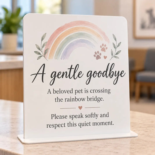 A gentle goodbye veterinary waiting room sign, white acrylic rounded rectangle with pastel rainbow and botanical accents, with flat 3mm white acrylic base