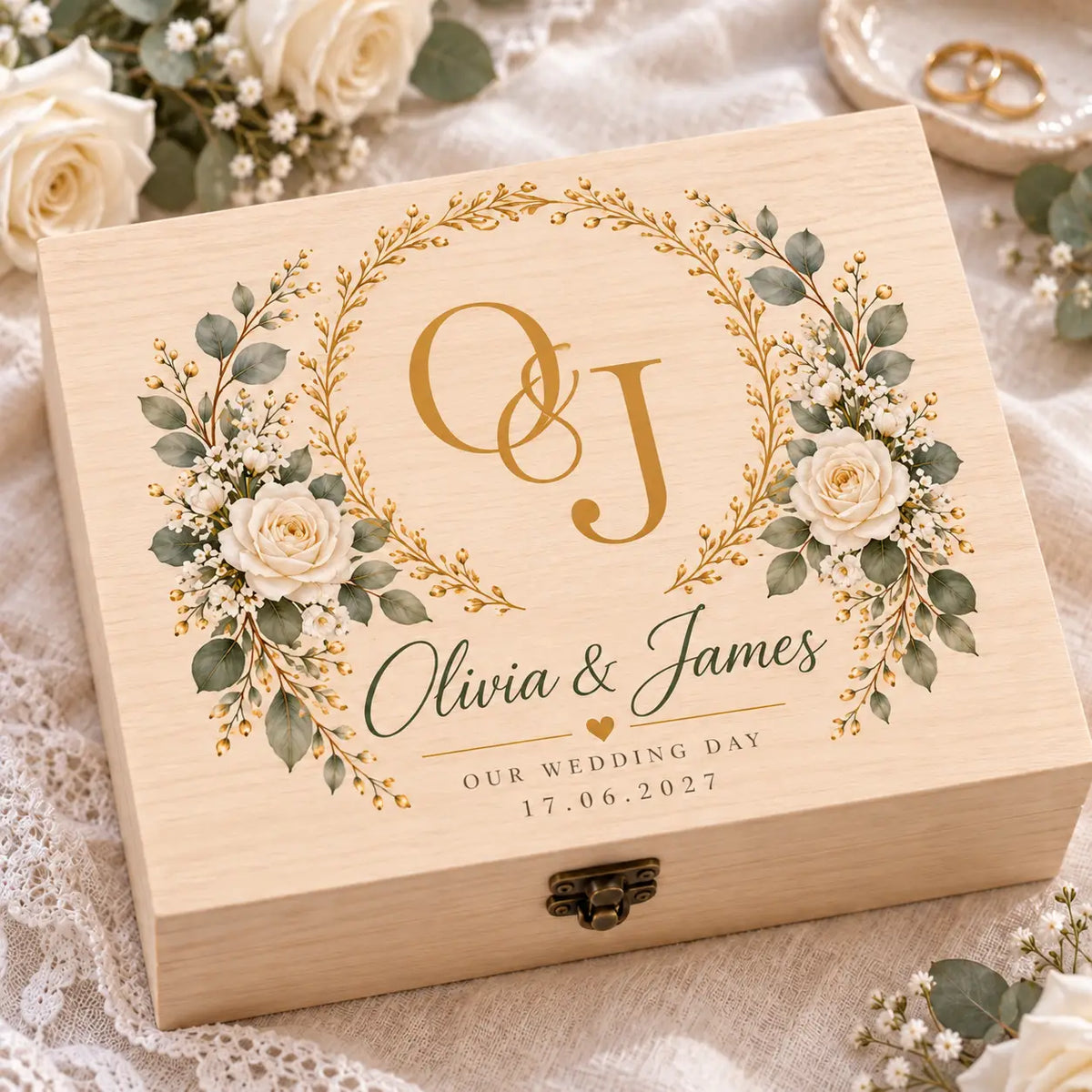 White Rose Wedding Keepsake Box | Custom Initials & Names