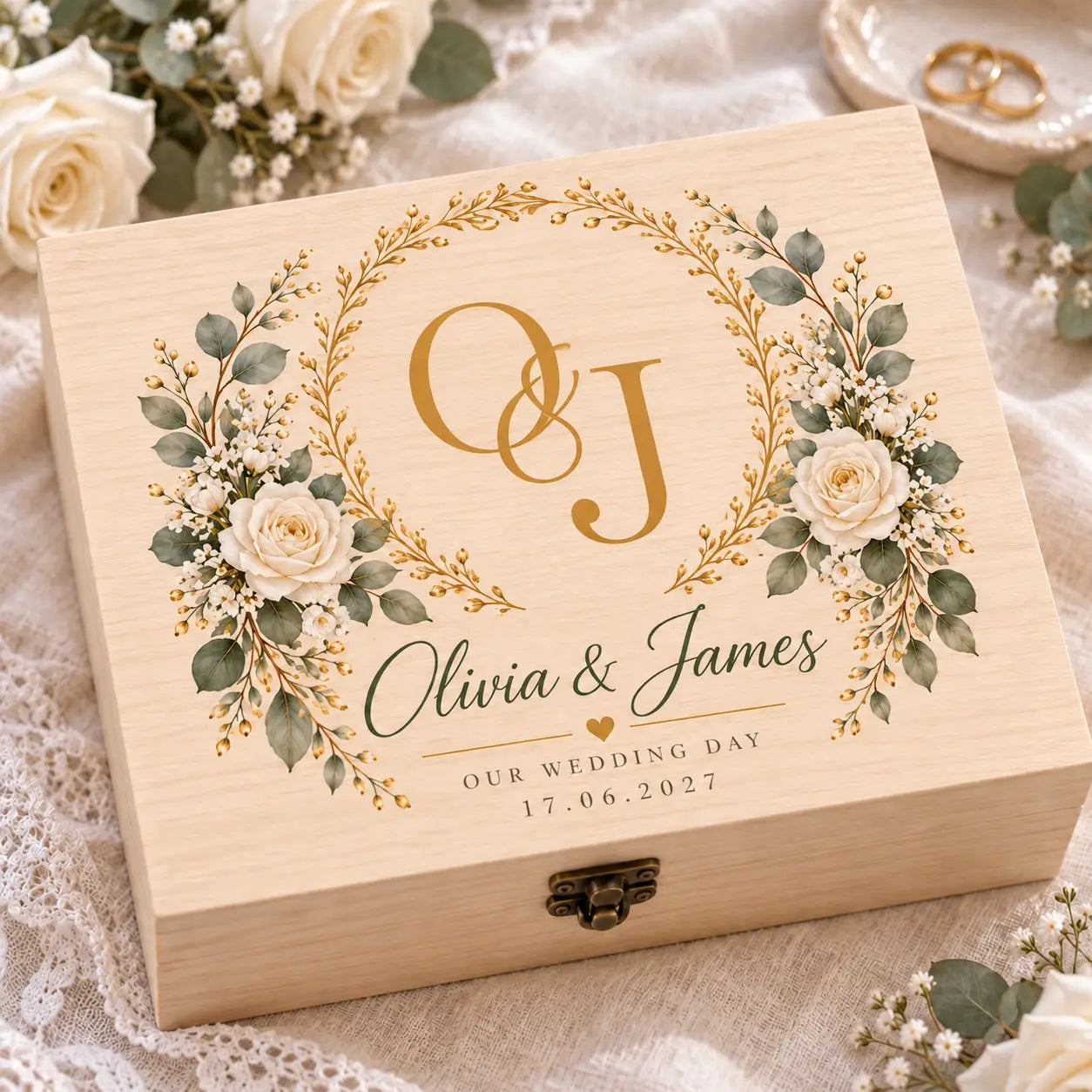 White Rose Wedding Keepsake Box | Custom Initials & Names